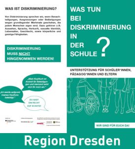 Infoflyer zu Diskriminierung an Schulen mit Beratungs- und Unterstützungangeboten. Region Leipzig