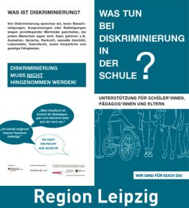 Cover Infoflyer zu Diskriminierung an Schulen mit Beratungs- und Unterstützungangeboten. Region Leipzig